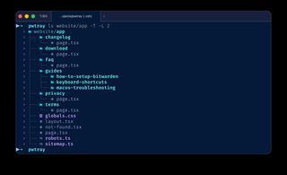 ls website/app -T -L 2 drawing a two-level tree of a Next.js app directory, with connector lines and file-type icons.